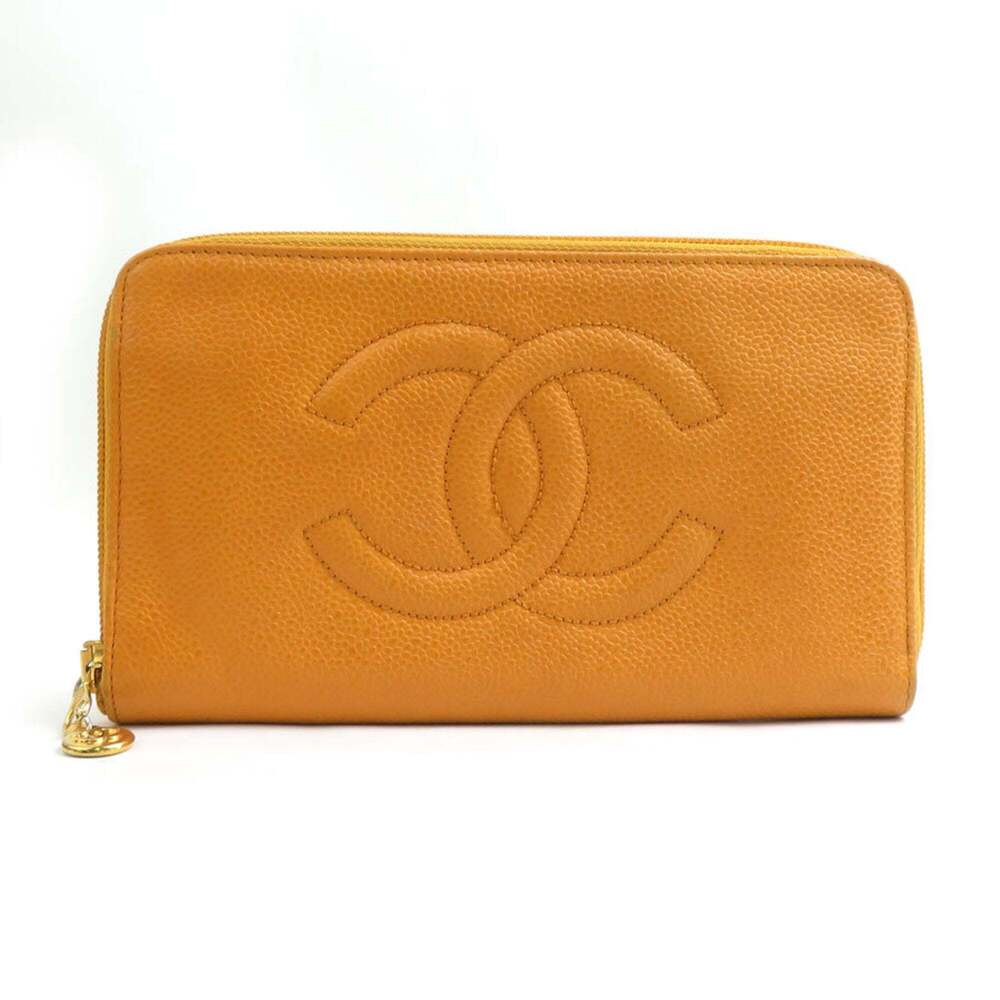 CHANEL Authentic Orange Caviar Leather Wallet